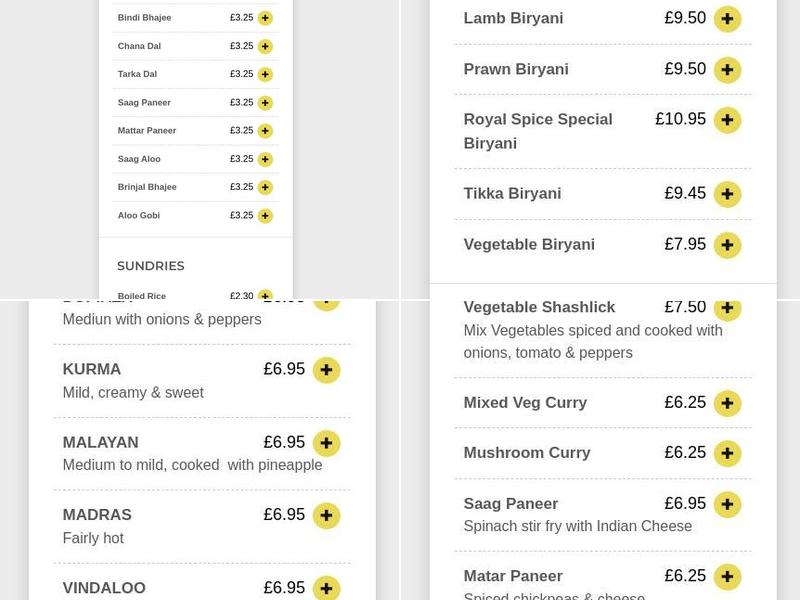 Royal Spice Hartlebury Menu