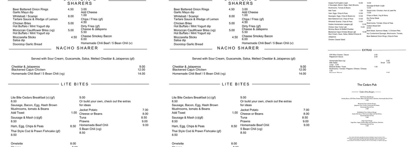 The Cedars Pub Menu