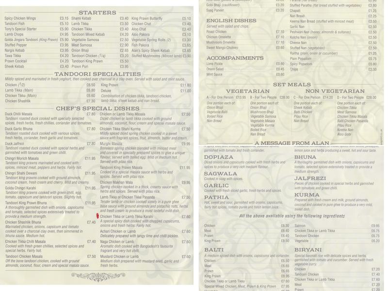 Balti Hot Menu