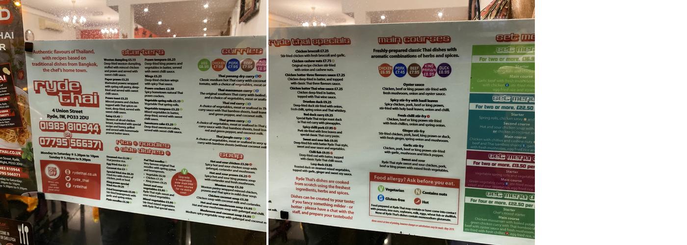 Ryde Thai Menu