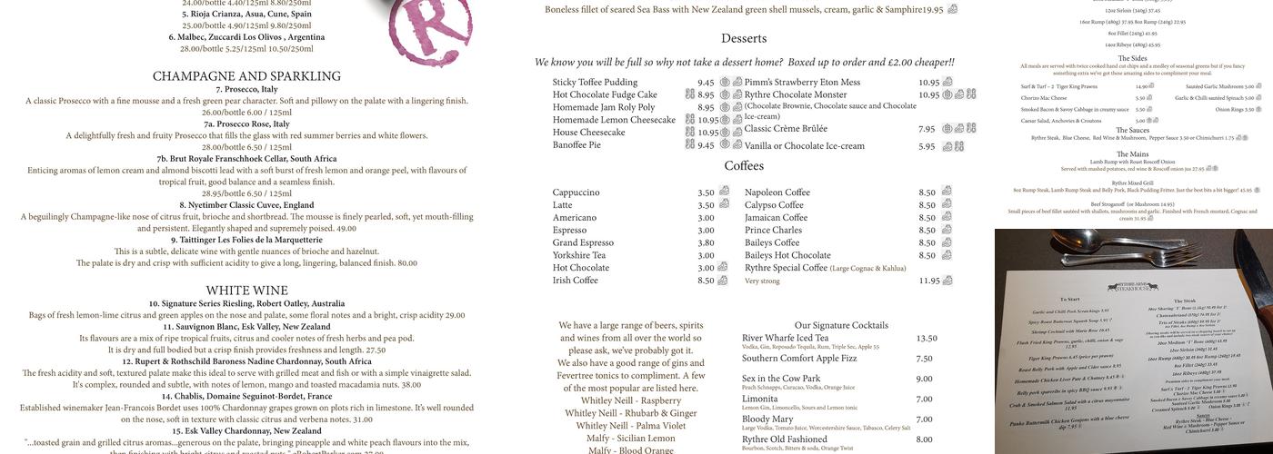 The Rythre Arms Steakhouse Menu