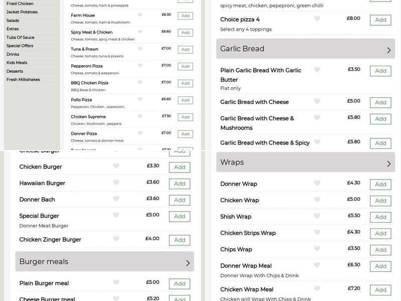 Dino's Pizzera Bebington Menu