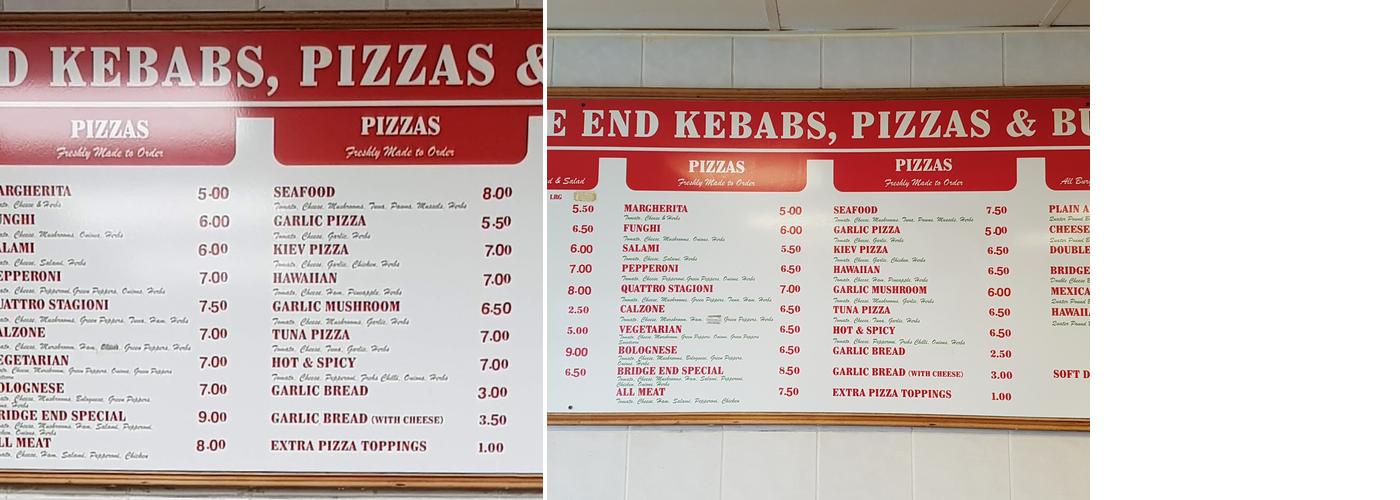 Bridge End Pizza Menu