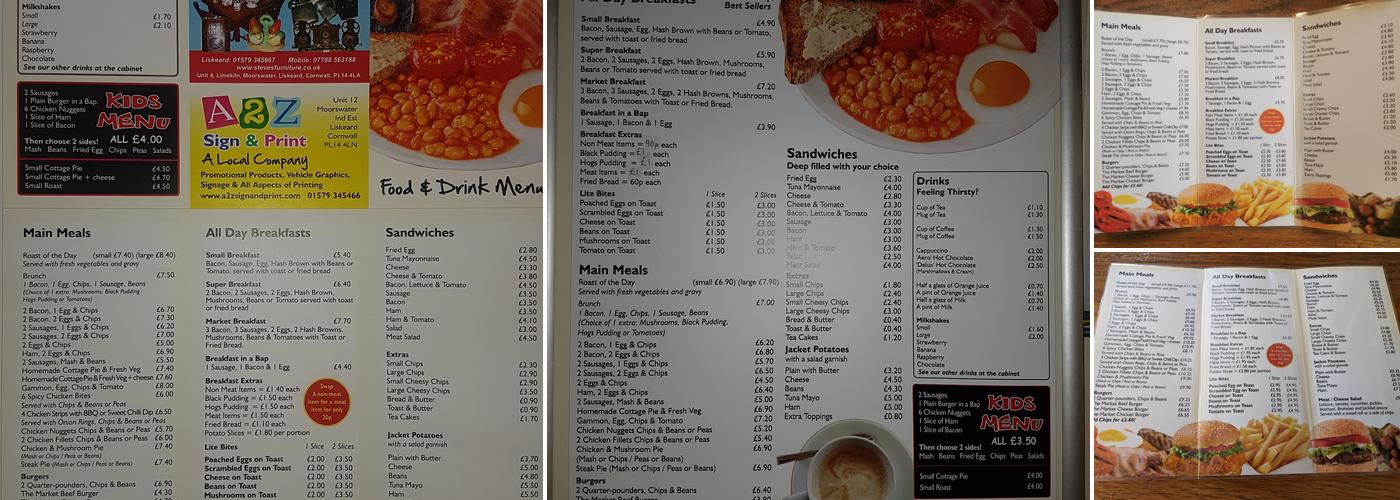 Liskeard Market Cafe Menu