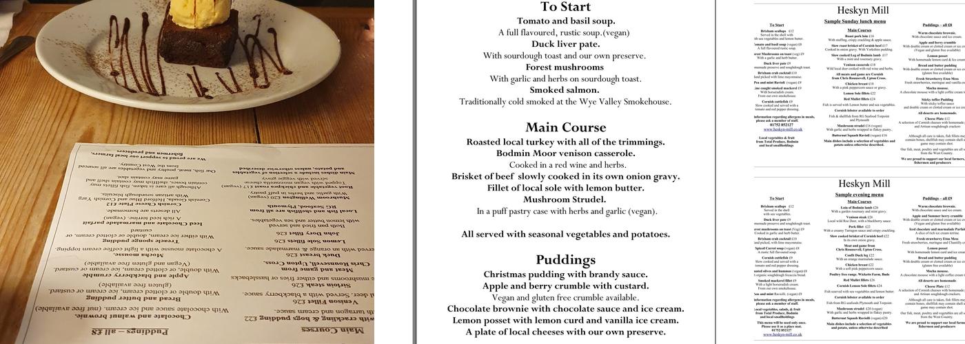 Heskyn Mill Menu