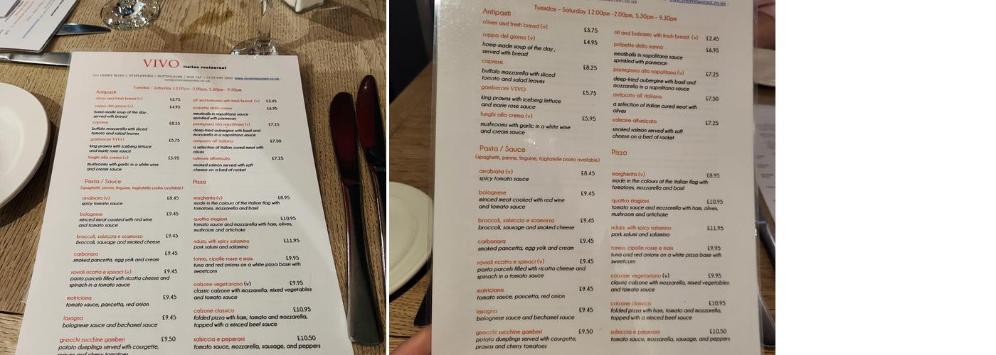 Vivo Restaurant Menu