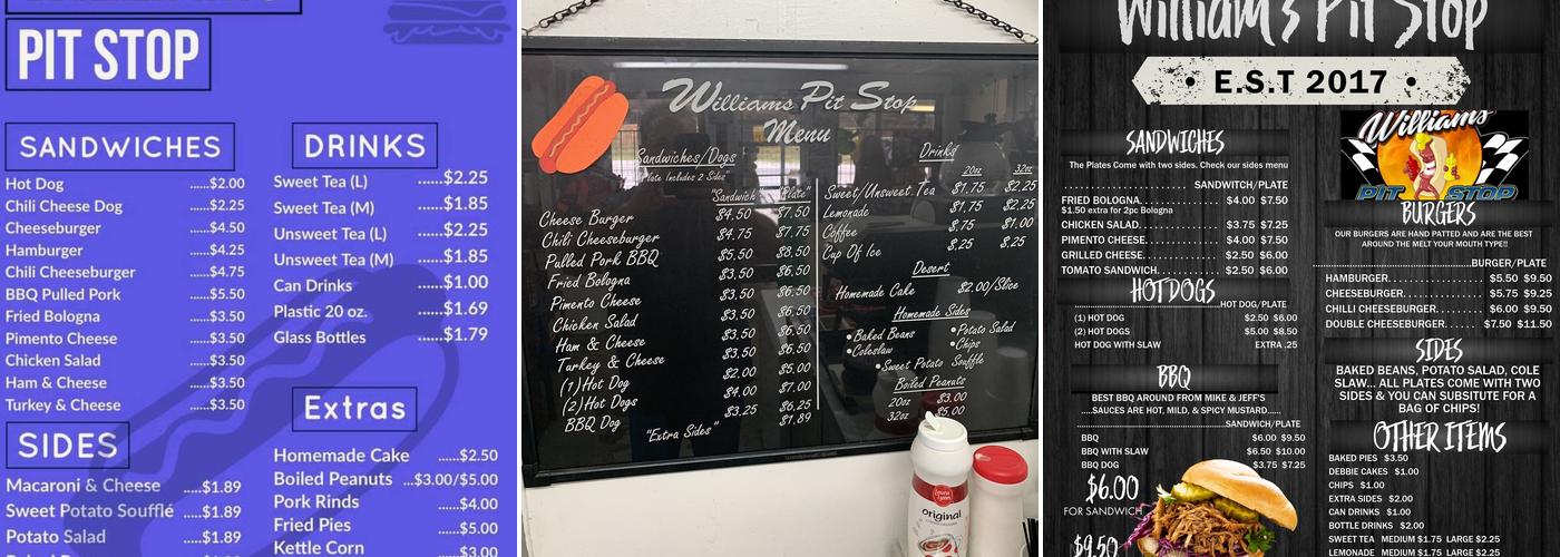 Williams Pit Stop Menu