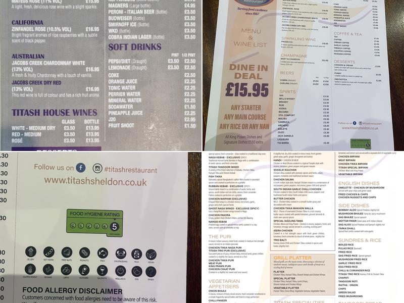 Titash Indian Restaurant Birmingham Menu