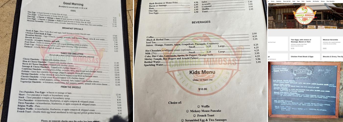 Cambria Mimosas Steak & Seafood Menu