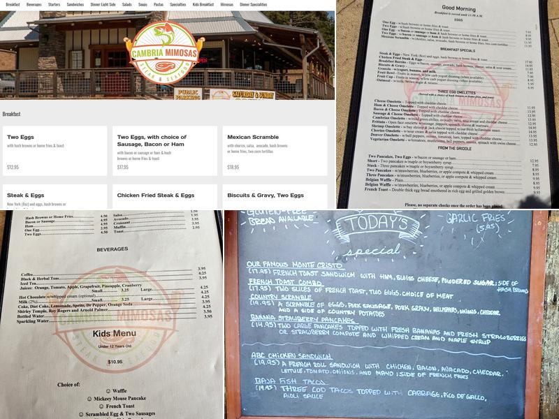 Cambria Mimosas Steak & Seafood Menu