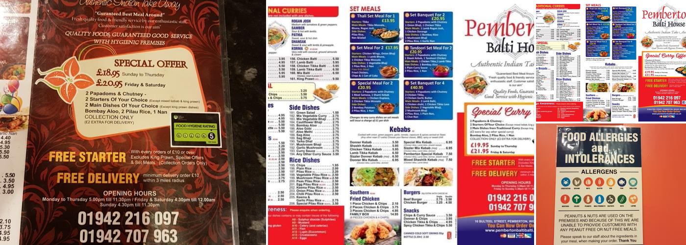 Pemberton Balti House Menu