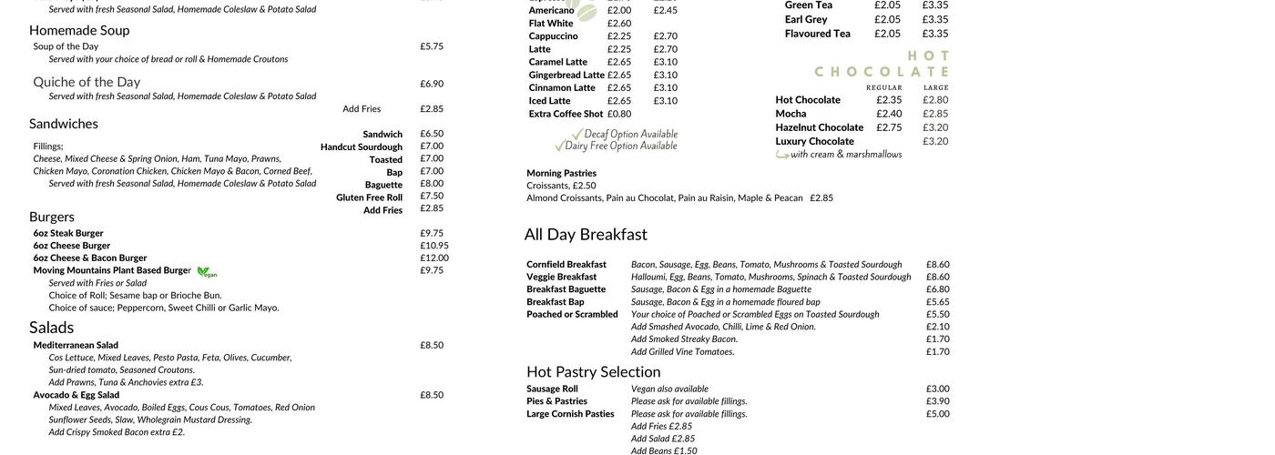 Cornfield Bakery Menu