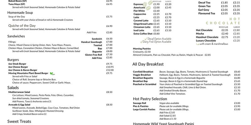 Cornfield Bakery Menu