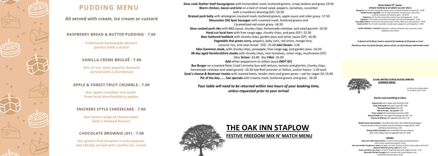 The Oak Inn Staplow Menu