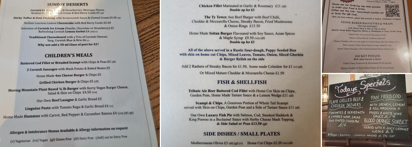 The Tywarnhayle Menu