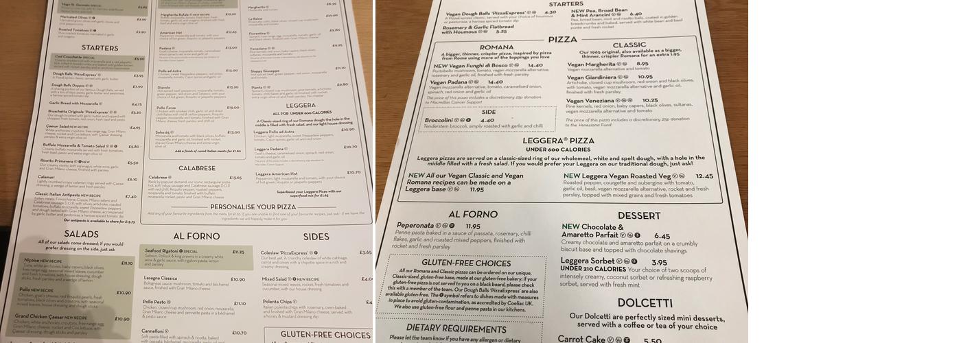 Pizza Express Menu