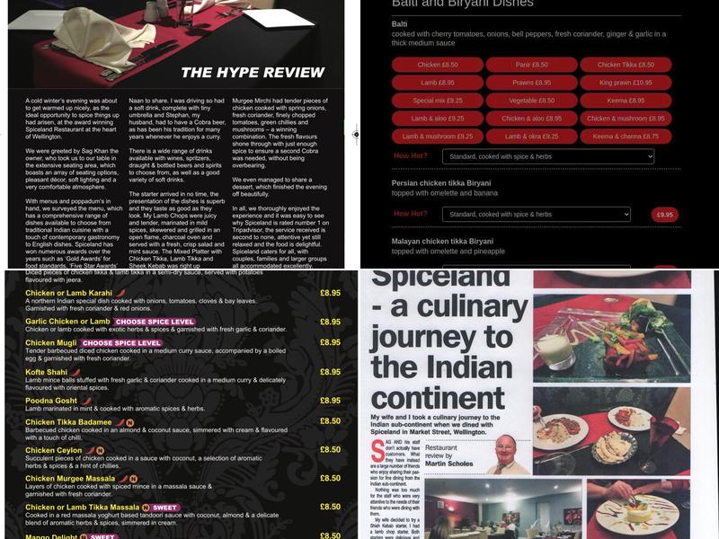 Spiceland Indian Restaurant Menu