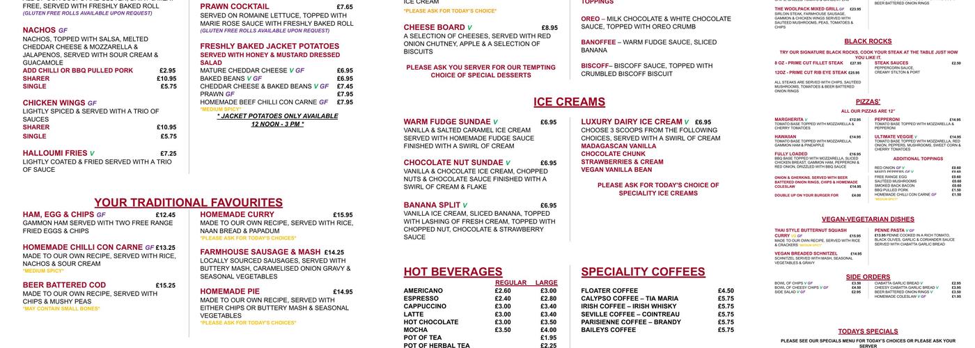 The Woolpack Iwade Public House and Restaurant Menu