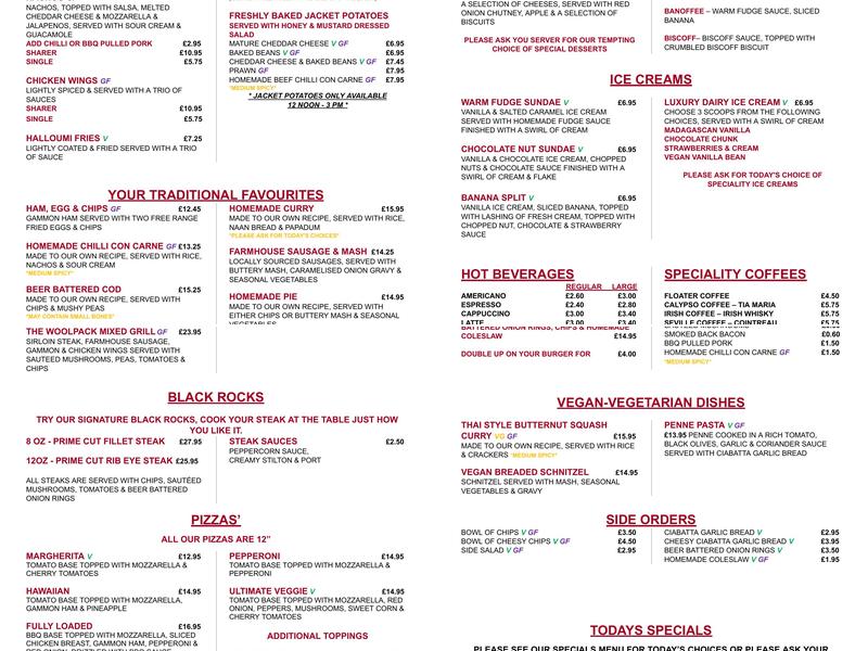 The Woolpack Iwade Public House and Restaurant Menu