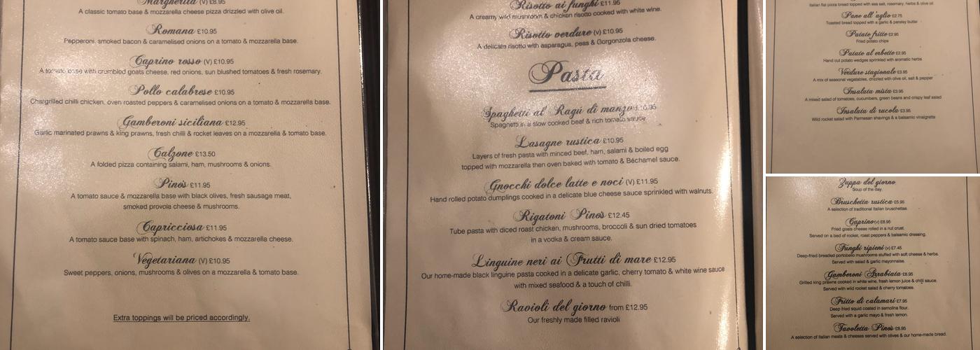 Pino's Menu
