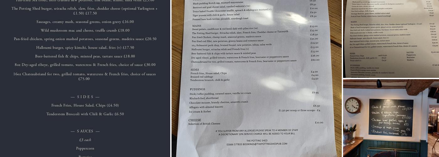 The Potting Shed Pub Menu