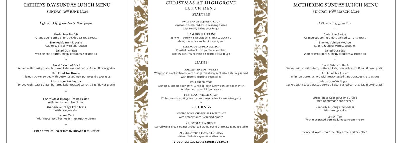 Highgrove Gardens Menu