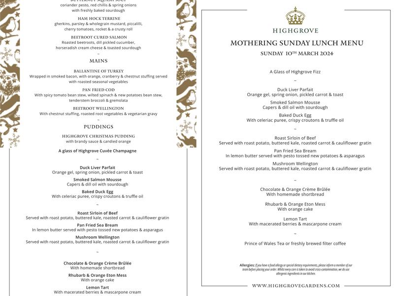 Highgrove Gardens Menu