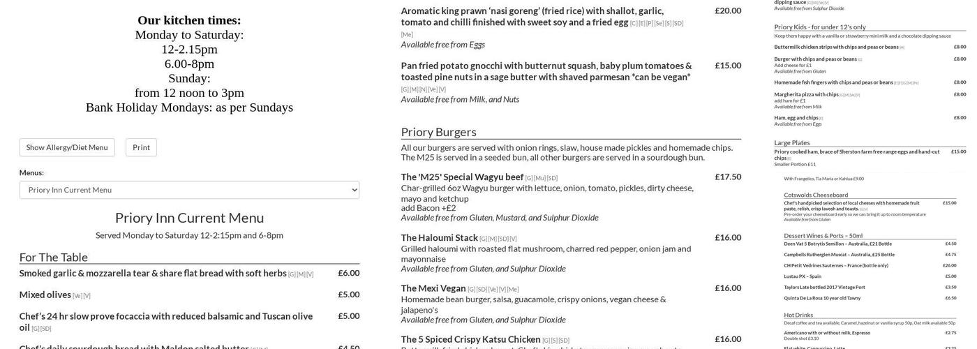 The Priory Inn Menu
