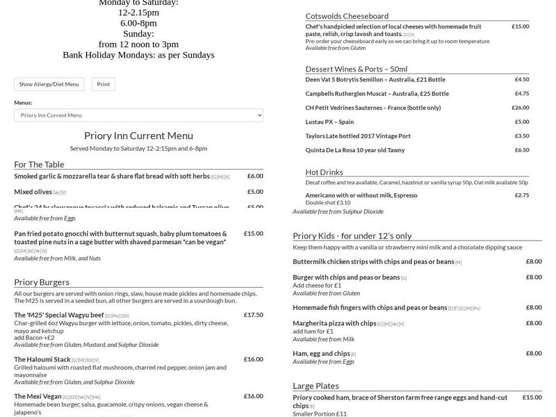 The Priory Inn Menu