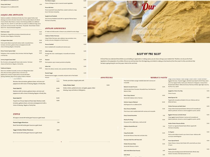 Gina's Pizza Menu