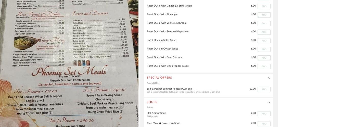 Phoenix Chinese Takeaway Menu