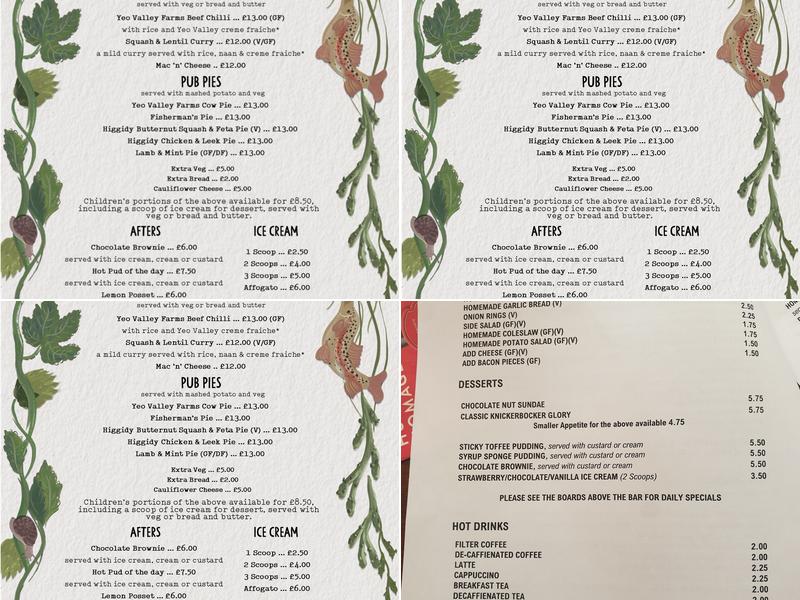 The New Inn Blagdon Menu