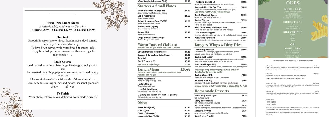 Codrington Arms Pub & Restaurant Menu