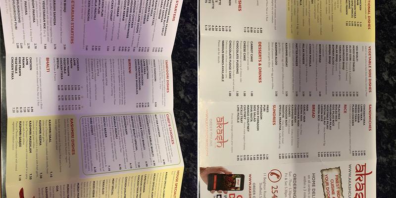 Akash Indian Takeaway Menu