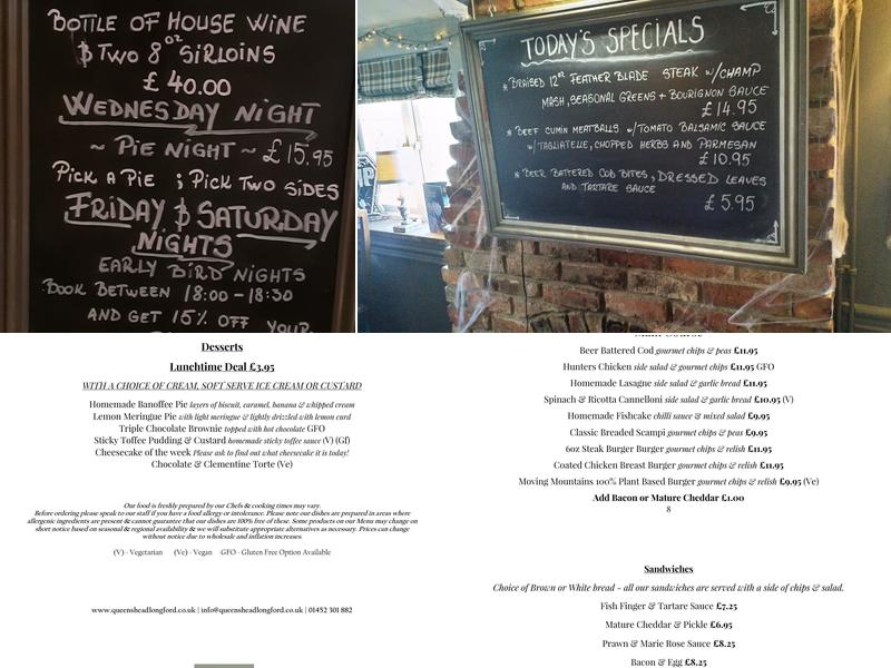 Queens Head Longford Menu
