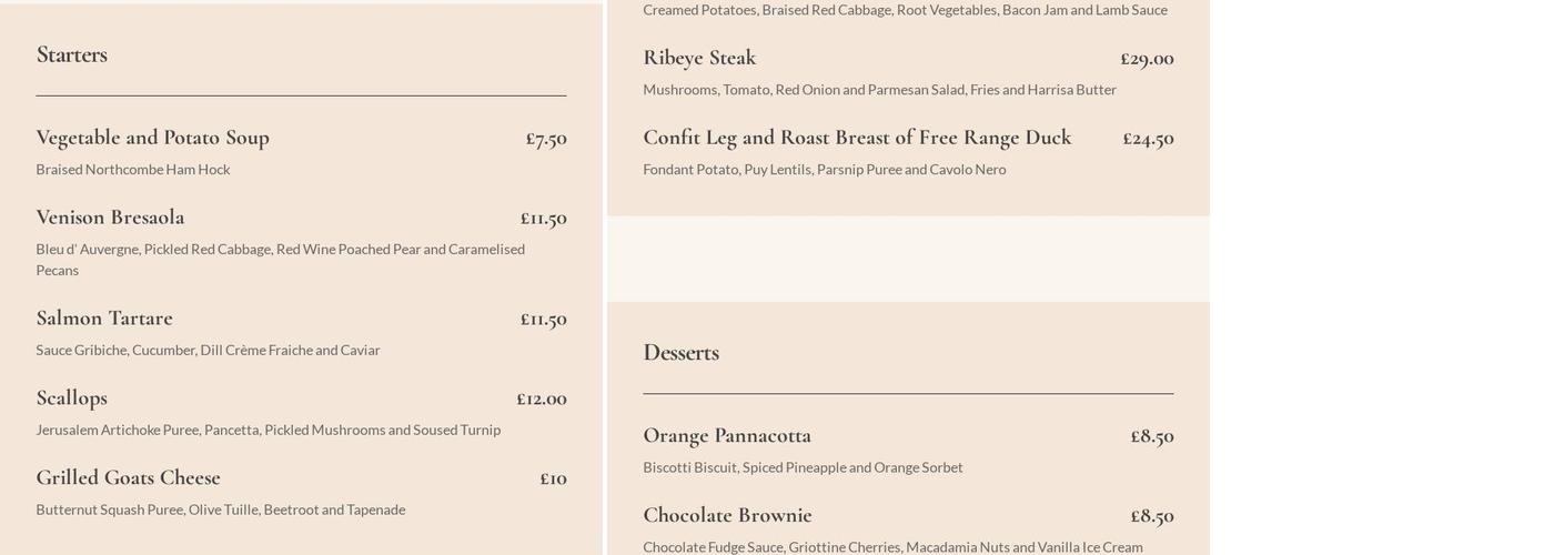 Woods Bar & Restaurant Menu