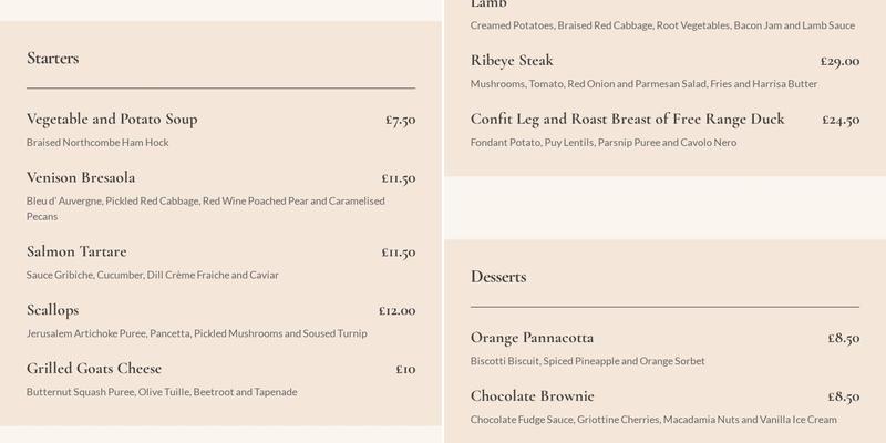 Woods Bar & Restaurant Menu