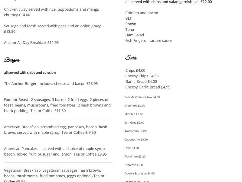 The Anchor Inn Menu