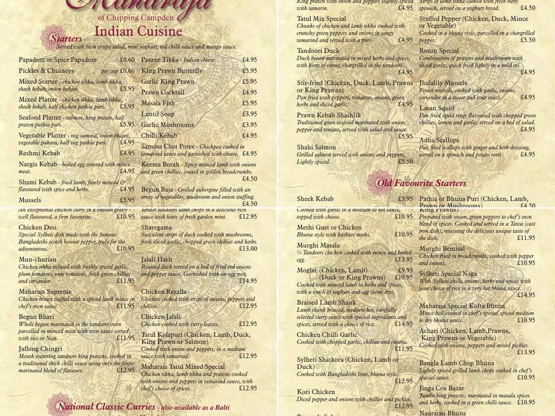 Maharaja Indian Cuisine Menu
