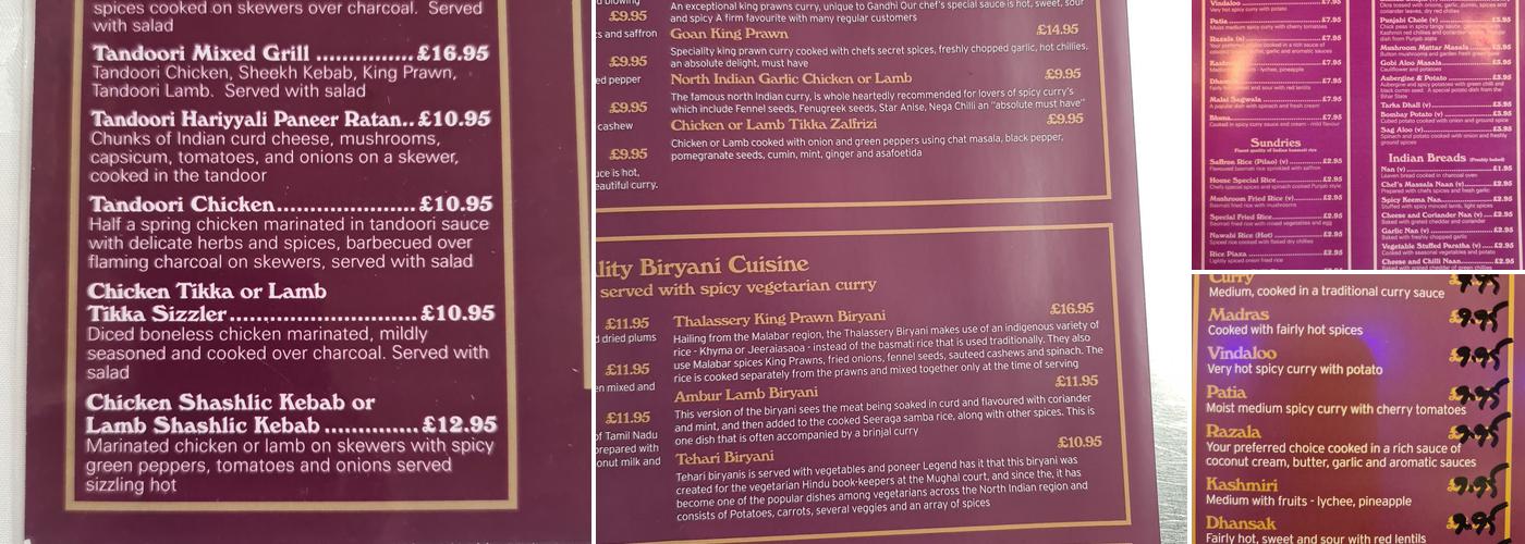 Gandhi Tandoori hayling island Menu