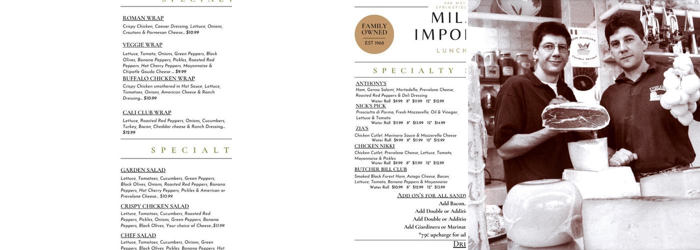 Milano Importing Menu