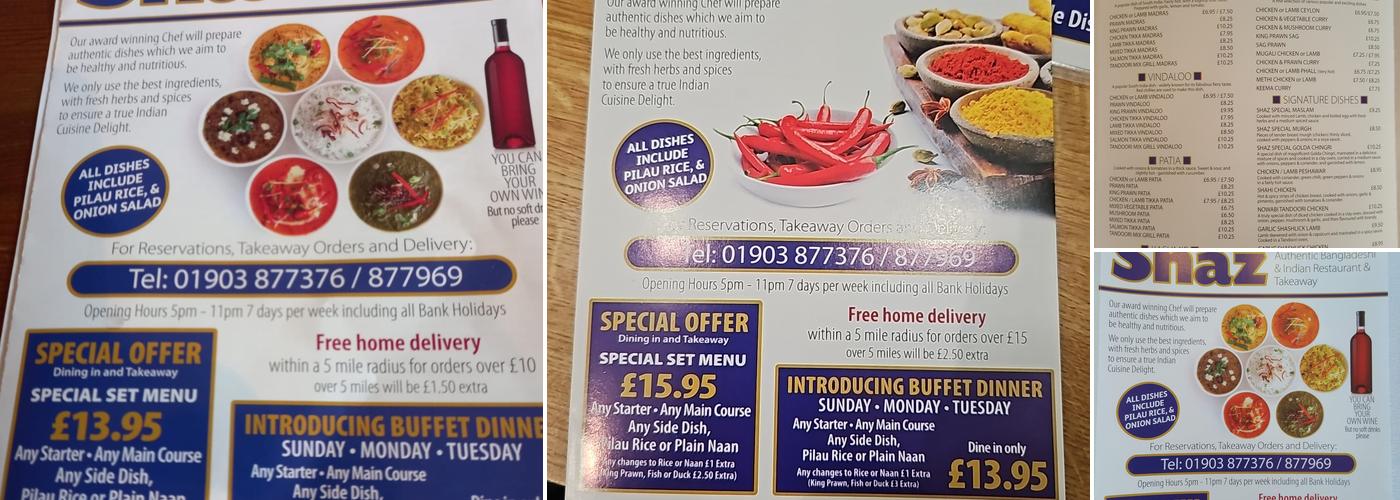Shaz Authentic bangladeshi Indian restaurant & Takeaway Ltd Menu