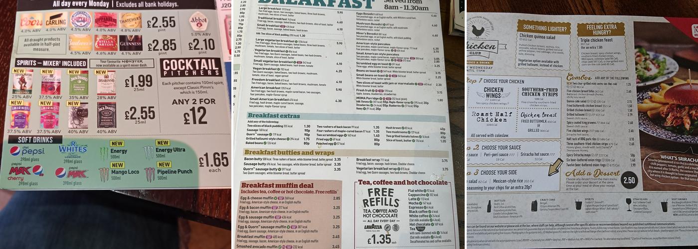 The Old Unicorn - JD Wetherspoon Menu