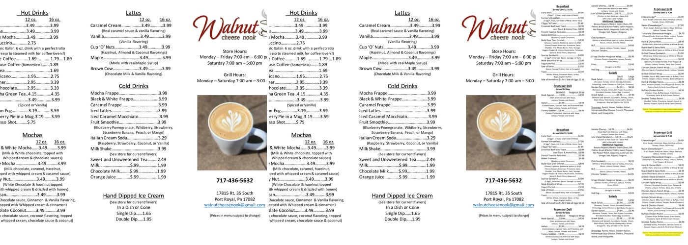 Walnut Cheese Nook Menu