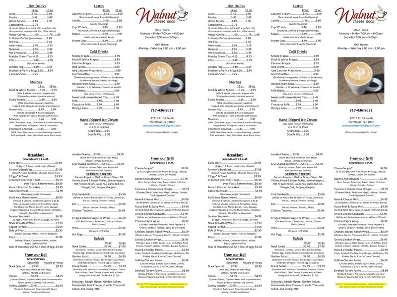 Walnut Cheese Nook Menu