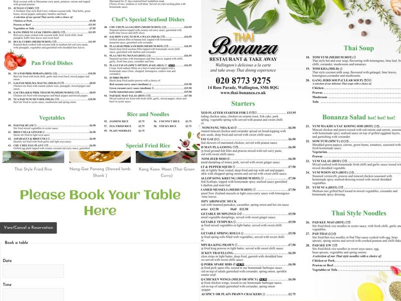 Thai Bonanza Menu