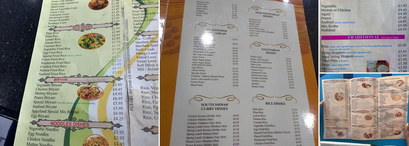 Spiceland Restaurant Menu