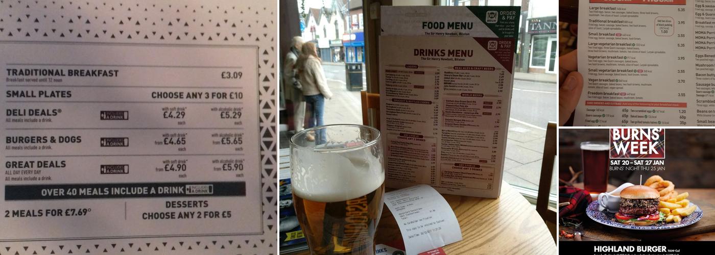 The Sir Henry Newbolt - JD Wetherspoon Menu