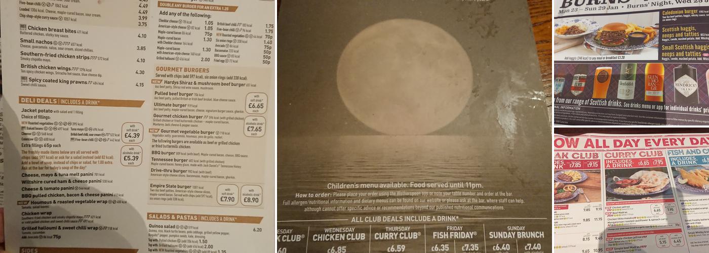 The Moon Under Water - JD Wetherspoon Menu