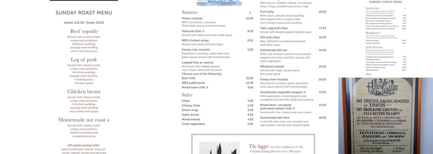 The Lugger Inn Fowey Menu